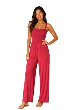 GAP Women's Smocked Wide Leg Jumpsuit Rose Pink Size S Cotton Blend